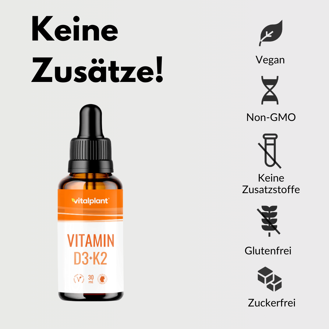 Vitamin D3 + K2 Tropfen von Vitalplant mit veganen, glutenfreien und Zuckefreien Zutaten ohne Zusatzstoffe.