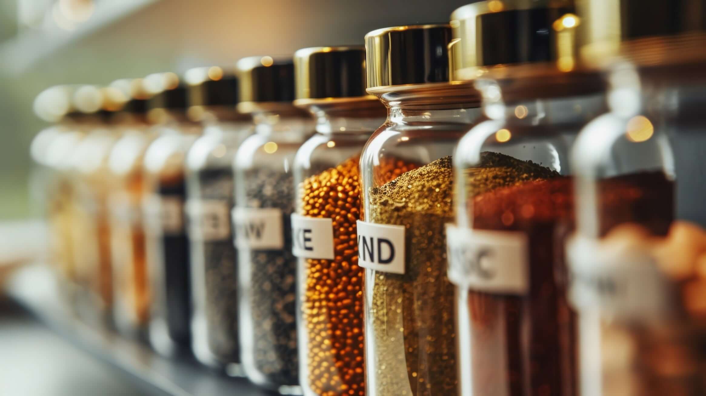 Mehrere Naturheilmittel in Gläsern in einer Reihe aufgestellt