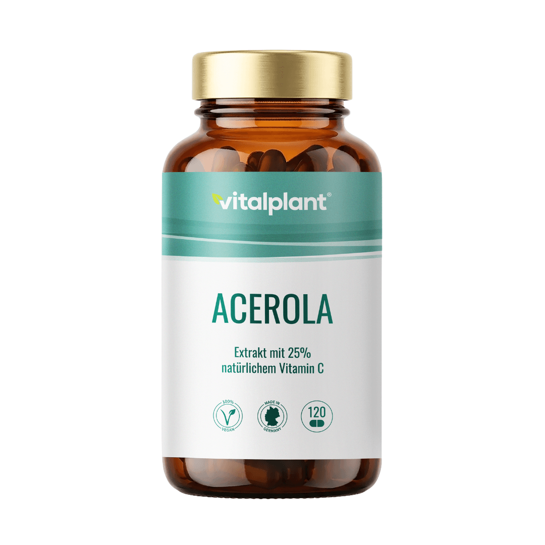 Acerola capsules with 25% natural vitamin C in a brown bottle by vitalplant, 120 pieces.