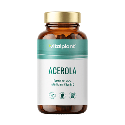 Acerola capsules with 25% natural vitamin C in a brown bottle by vitalplant, 120 pieces.