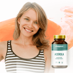 Acerola Kapseln mit 25% natürlichem Vitamin C, Frau lächelt, gesunde Ernährung von vitalplant