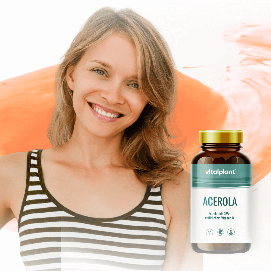 Acerola Kapseln mit 25% natürlichem Vitamin C, Frau lächelt, gesunde Ernährung von vitalplant