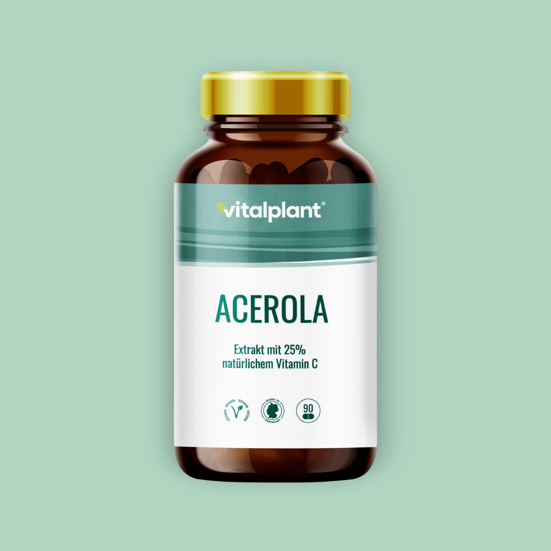 Acerola Kapseln mit 25% natürlichem Vitamin C, Flasche von vitalplant.