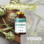 Artischocke Kapseln von Vitalplant in einer naturnahen Umgebung mit frischen Artischocken.