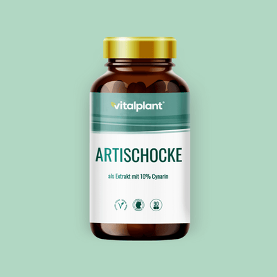 Artischocke Kapseln von Vitalplant in einer braunen Flasche mit goldener Verschlusskappe.