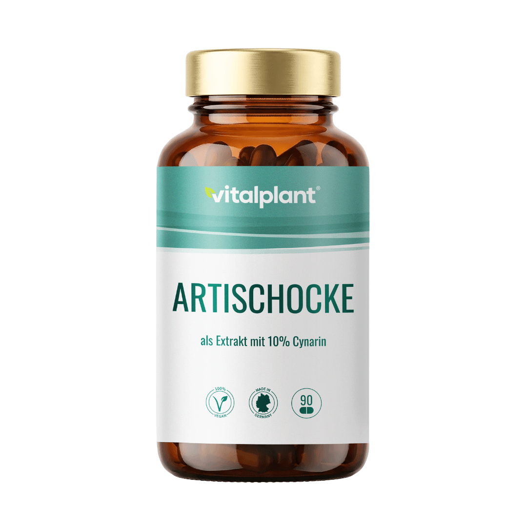 Artischocke Kapseln in Braunglasflasche mit 10% Cynarin und 90 Kapseln von vitalplant.