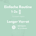 Einfaches Routinebild für Ashwagandha Kapseln, zeigt 1-2 Kapseln täglich für einen Vorrat von 2-4 Monaten.