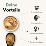 Vorteile von Ashwagandha Kapseln: Stressreduktion, Stimmungsbalance, Cortisol-Regulierung, Energieunterstützung.