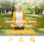 Weihrauch Kapseln für erhöhte Beweglichkeit, hergestellt in Deutschland, ältere Frau mit Gehstöcken im Park.