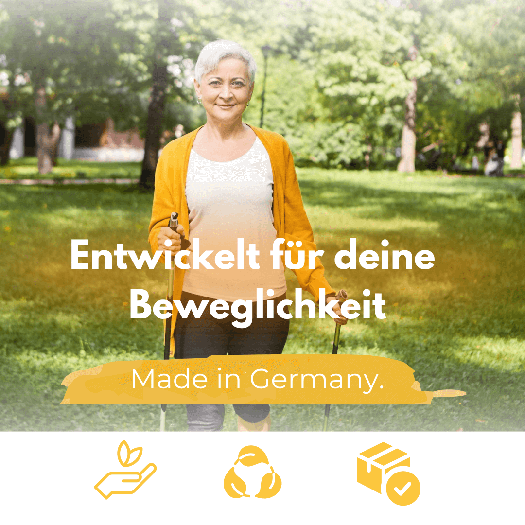 Weihrauch Kapseln für erhöhte Beweglichkeit, hergestellt in Deutschland, ältere Frau mit Gehstöcken im Park.