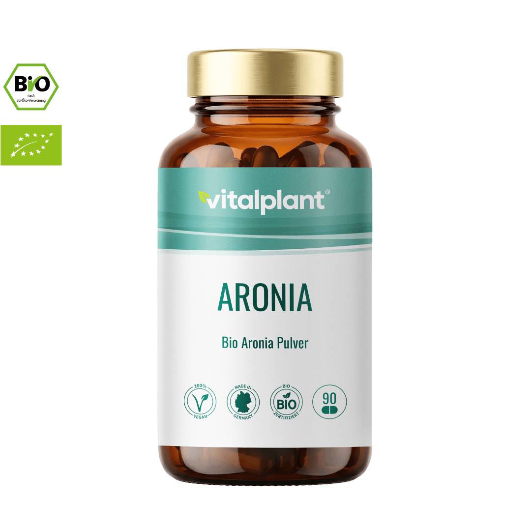 Organic aronia capsules in a high-quality bottle, rich in antioxidants and certified organic quality.