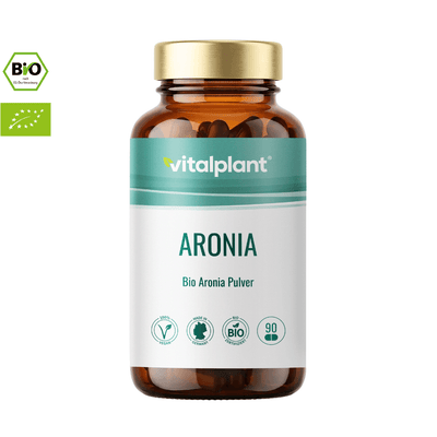 Organic aronia capsules in a high-quality bottle, rich in antioxidants and certified organic quality.