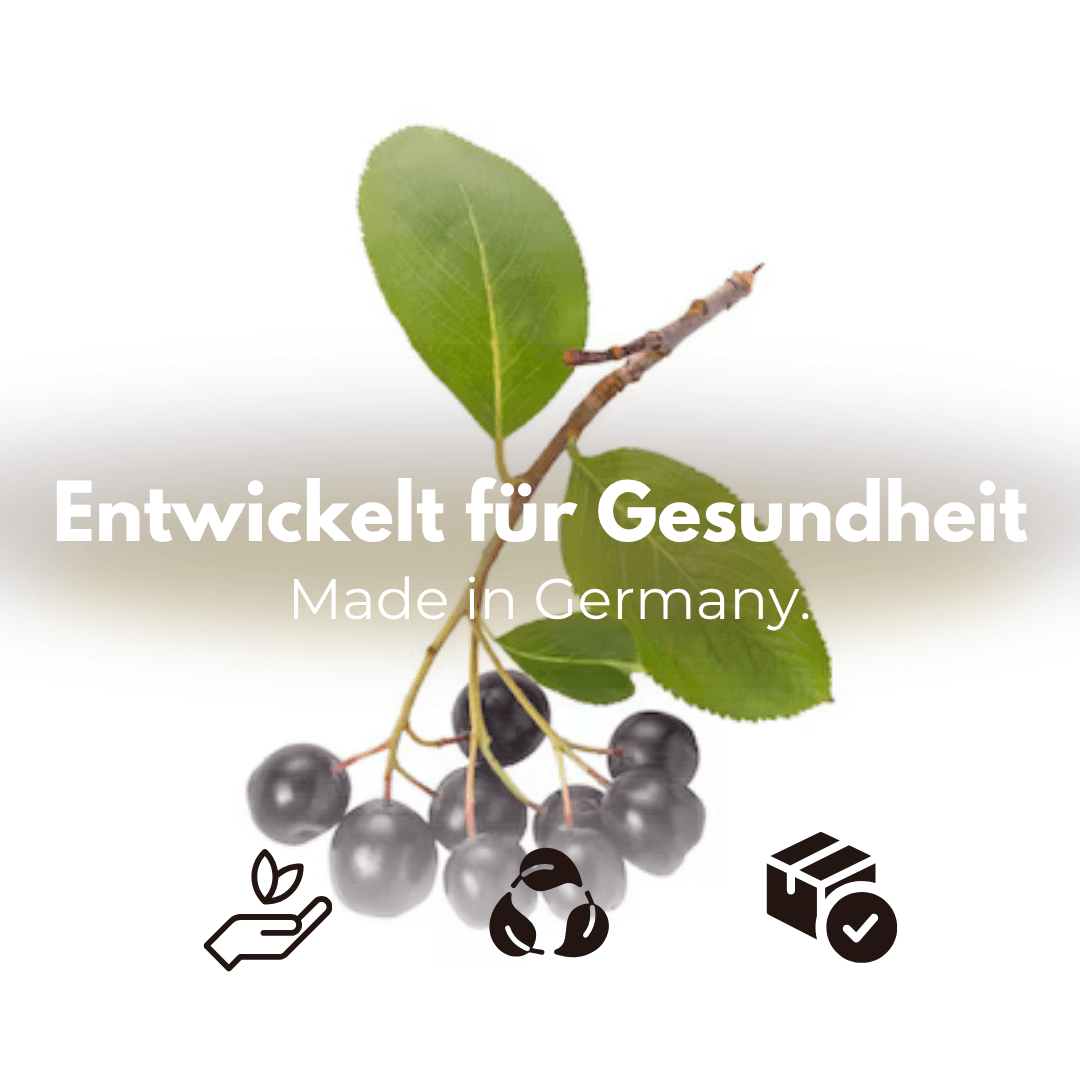 Aronia Kapseln mit Aronia-Beeren und Blatt, entwickelt für Gesundheit, Made in Germany.