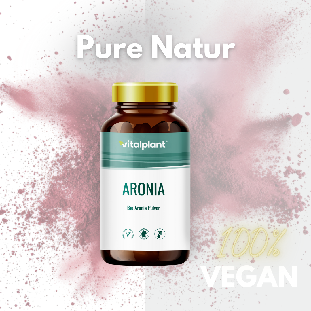 Aronia Kapseln - Bio Aronia Pulver in veganer Verpackung von vitalplant, 100% natürlich.