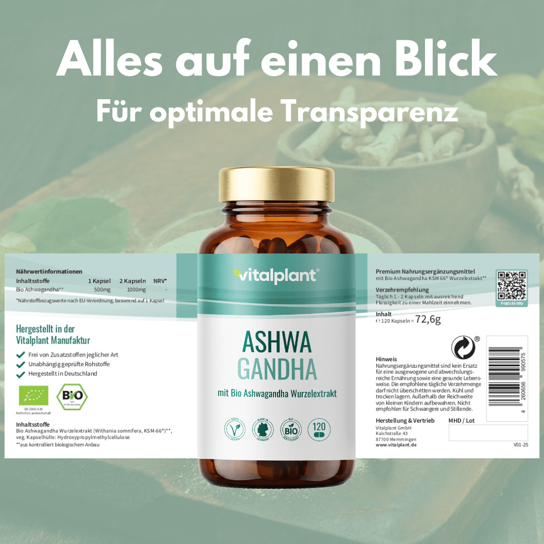 Bio Ashwagandha Kapseln von Vitalplant mit hochwertigem Bio-Ashwagandha Wurzelextrakt