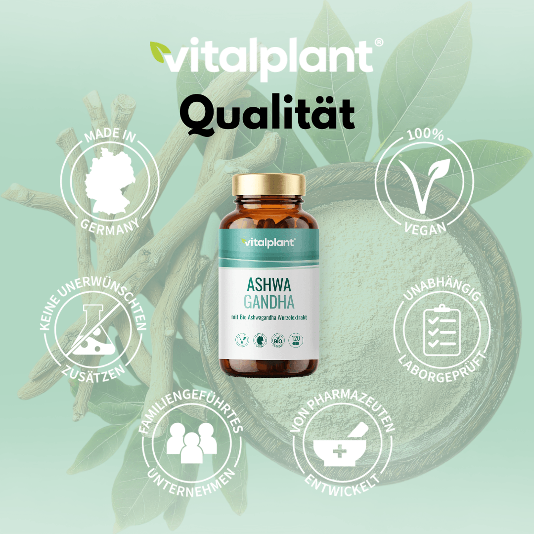 Bio Ashwagandha Kapseln von Vitalplant, vegan, made in Germany, ohne Zusatzstoffe, laborgeprüft für Qualität.