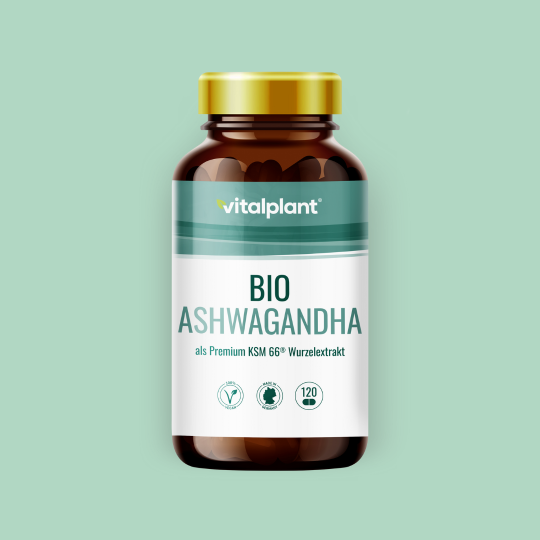 Ashwagandha Kapseln KSM66 von Vitalplant – ayurvedisches Wurzelextrakt für Energie und Balance.