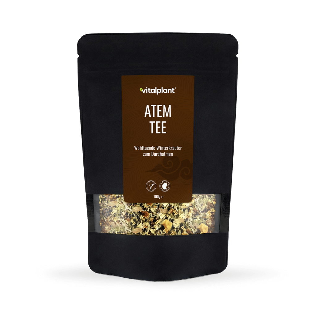 Bio Atem Tee von Vitalplant in einer schwarzen Verpackung mit Kräutermischung für erfrischenden Genuss.