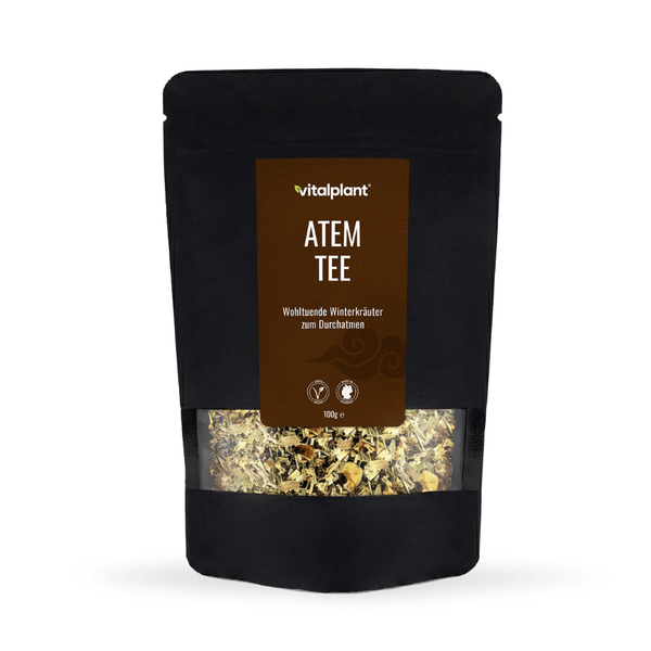 Bio Atem Tee von Vitalplant in einer schwarzen Verpackung mit Kräutermischung für erfrischenden Genuss.