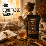 Bio Atem Tee in schöner Umgebung mit Tasse Tee und Kräutermischung, ideal für erholsame Momente.