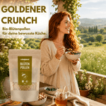 Woman enjoying organic bee pollen from Vitalplant in her kitchen with fresh berries.
