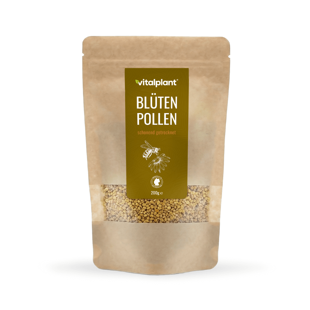 Bio Blütenpollen in einer 200g Verpackung von Vitalplant, schonend getrocknet und aus Ungarn.