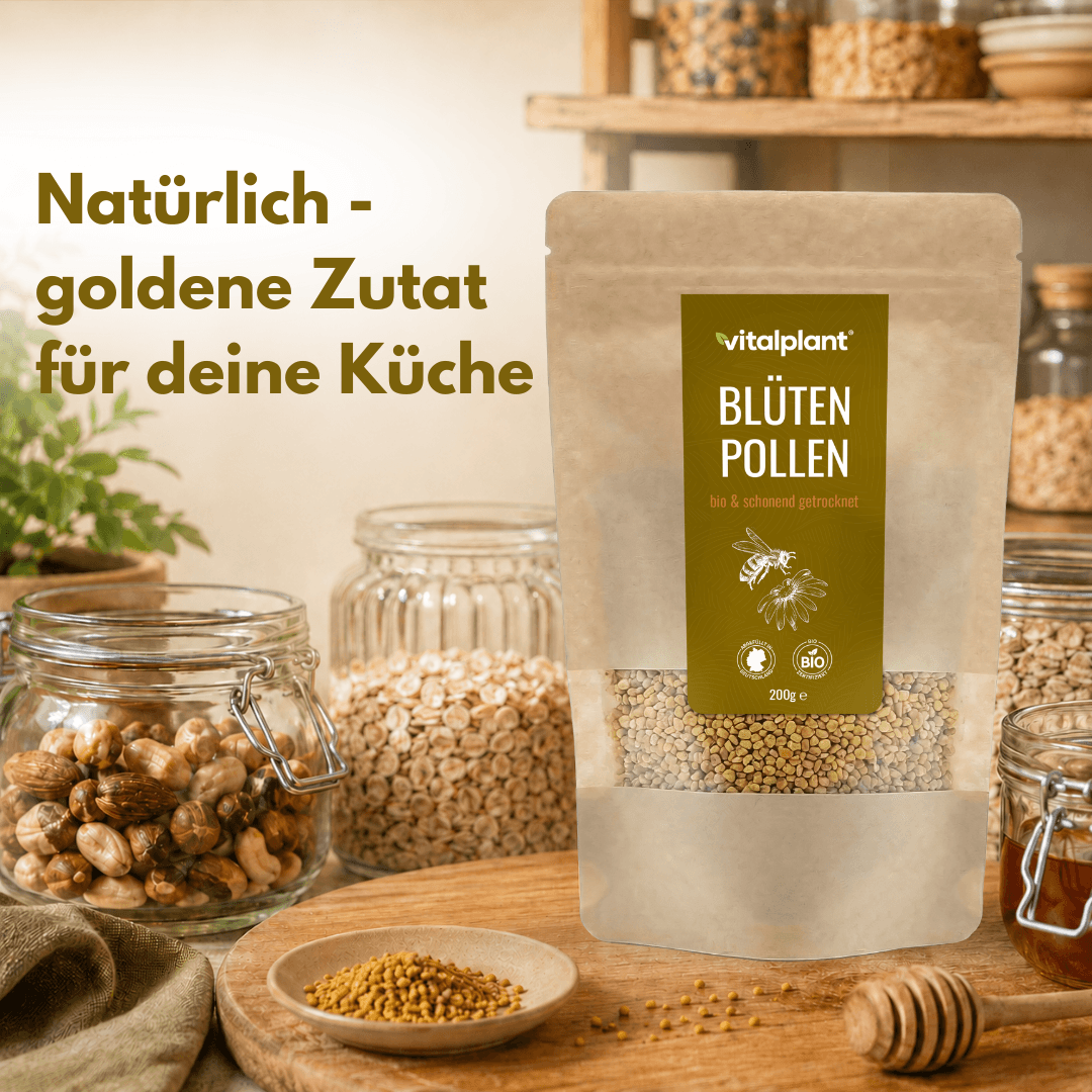 Bio flower pollen in reusable packaging, a natural product for healthy cooking from Vitalplant.