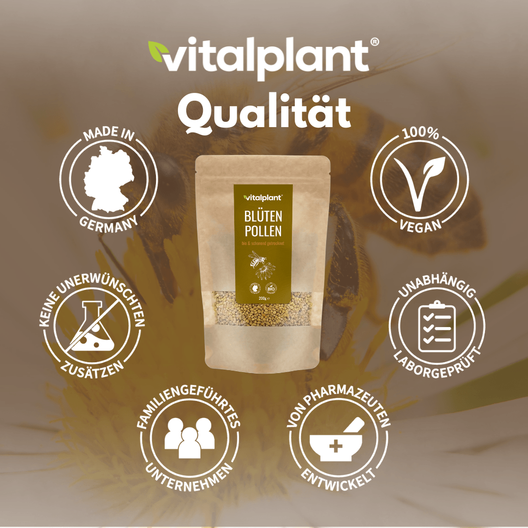 Bio flower pollen from Vitalplant in eco-friendly packaging with quality seal.