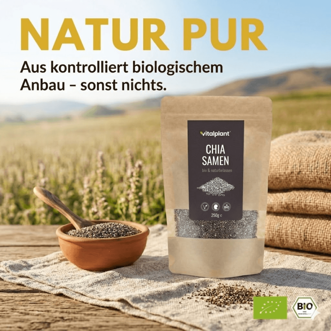 Bio Chiasamen in hochwertiger Verpackung vor einem Feld, zertifizierte Bio-Qualität aus Mexiko.