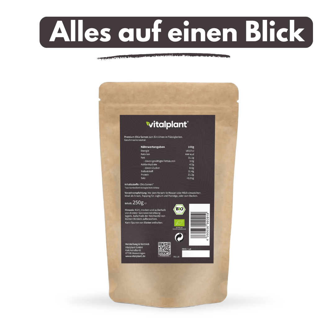 Bio Chiasamen Verpackung von Vitalplant mit Inhaltsstoffen und Nährwertangaben