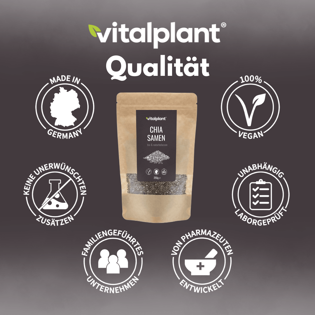 Organic chia seeds from Vitalplant, organic quality, vegan and laboratory tested.