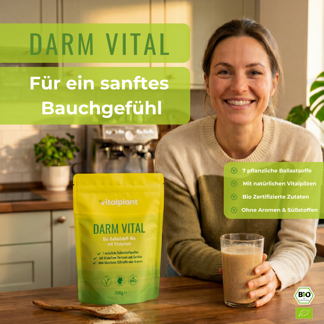 Bio Darm Vital powder by Vitalplant, presented by a smiling woman with a glass, for a gentle feeling in the belly.