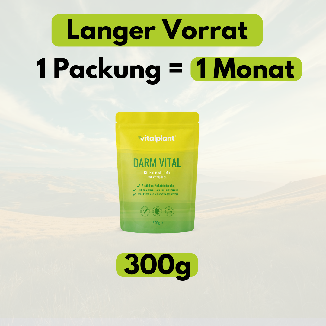 Bio Darm Vital Pulver von Vitalplant, 300g Packung, langer Vorrat für gesunde Ballaststoffe und Vitalpilze.