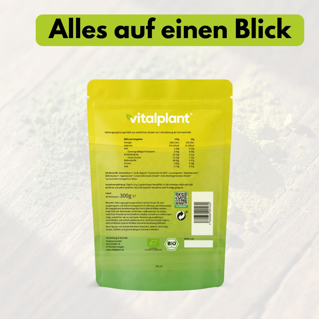 Bio Darm Vital Pulver Verpackung von Vitalplant mit Nährwertangaben und Bio-Siegel, 300g