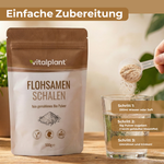 Bio Flohsamenschalen von Vitalplant in praktischer Verpackung mit Zubereitungshinweisen.