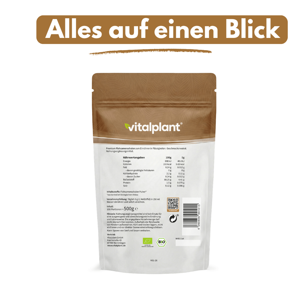 Rückseite der Bio Flohsamenschalen mit Angaben zur Naturqualität