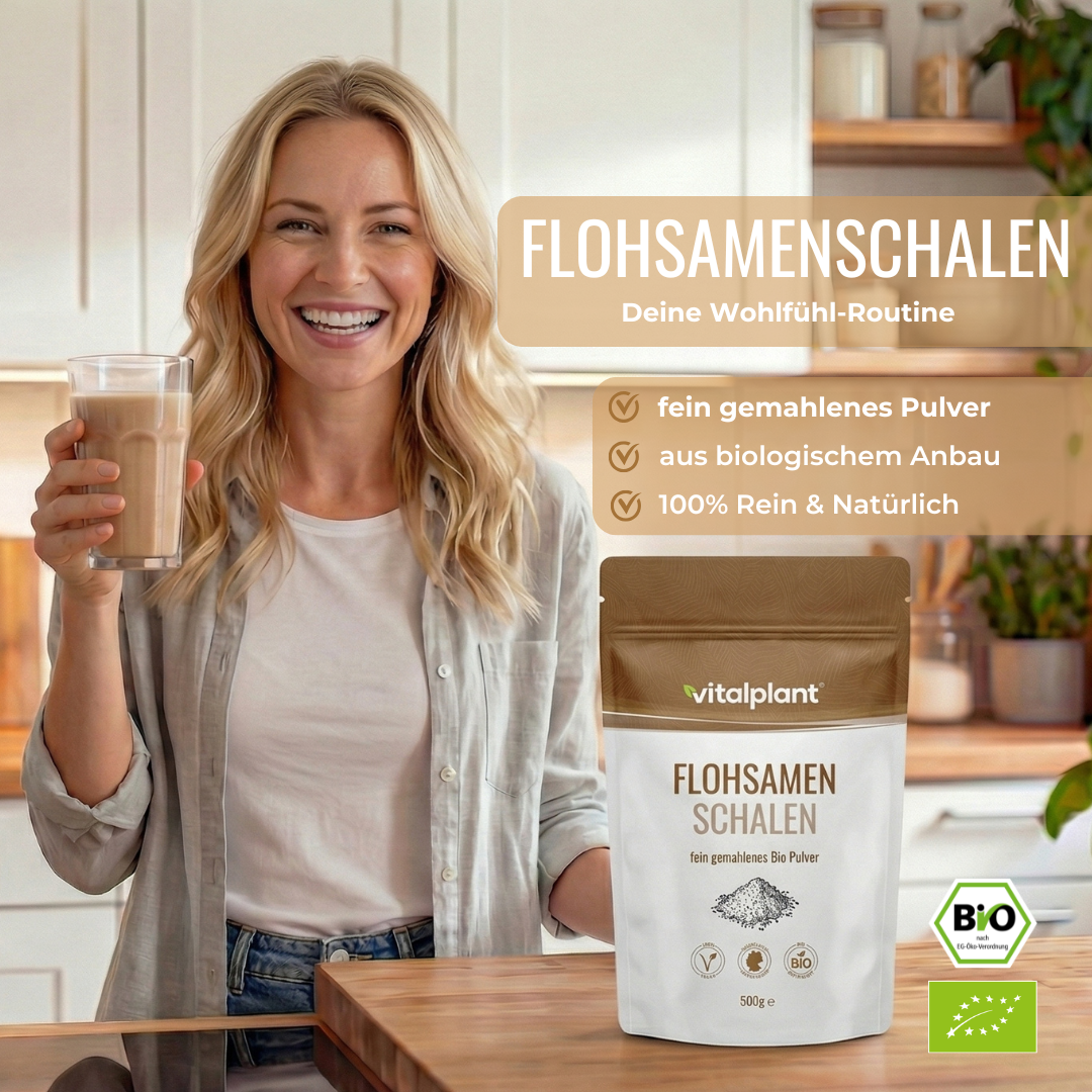 Bio Flohsamenschalen – fein gemahlenes Pulver aus biologischem Anbau in 100% reiner und natürlicher Qualität.