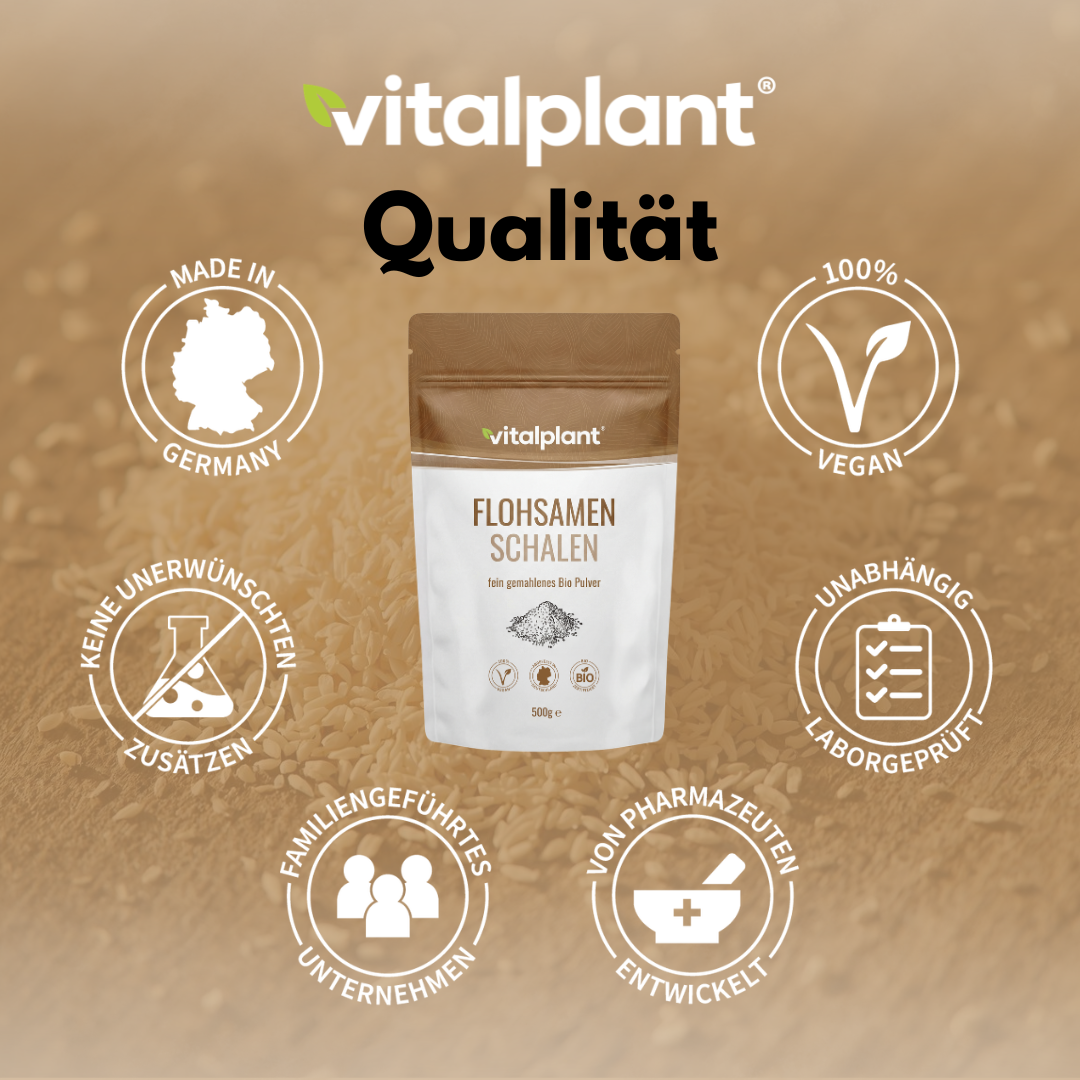 Bio Flohsamenschalen von Vitalplant in einer ansprechenden Verpackung mit Qualitätshinweisen.