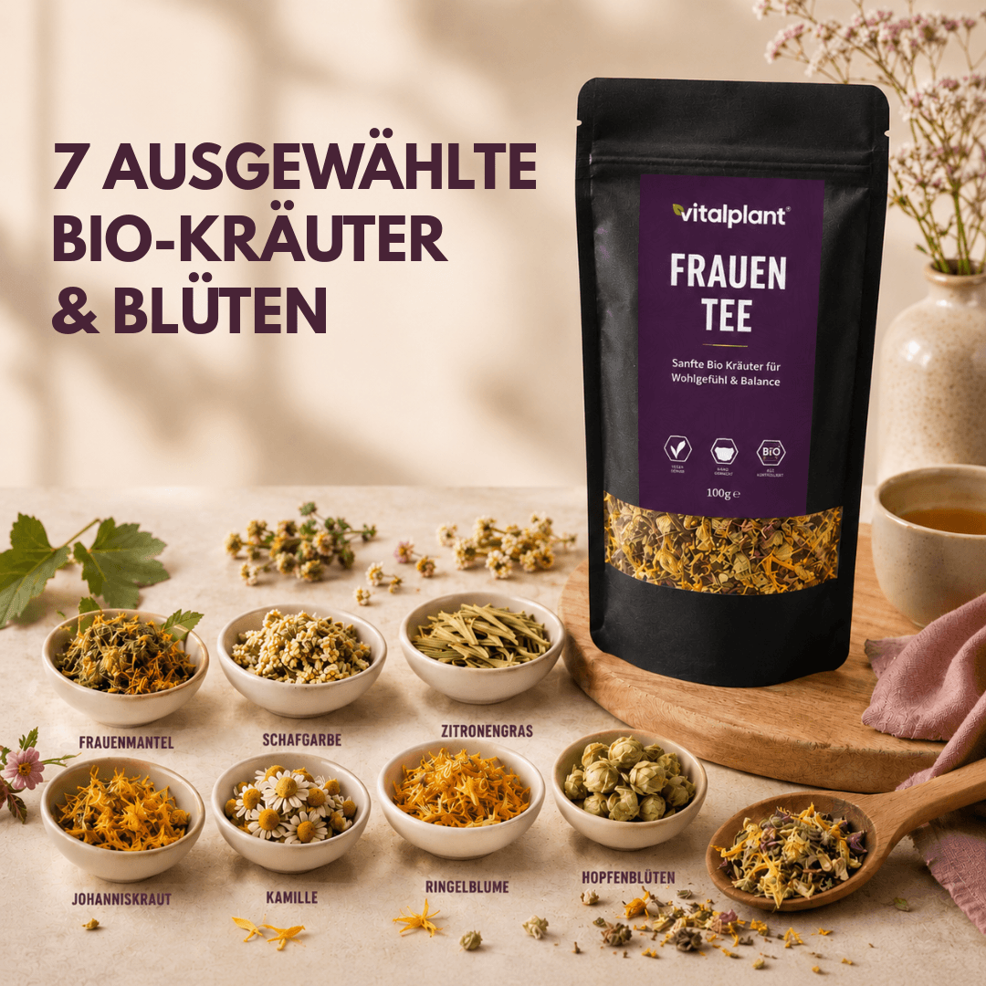 Bio Frauen Tee von Vitalplant mit 7 ausgewählten Bio-Kräutern und Blüten für Gesundheit und Genuss.