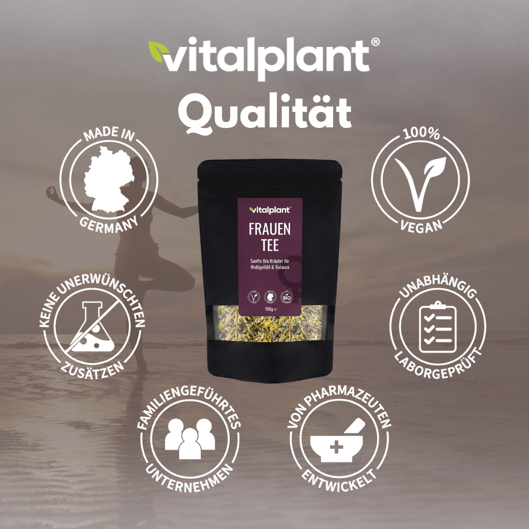 Bio Frauen Tee von Vitalplant – hochwertige Kräutermischung für Balance und Wohlbefinden, made in Germany, vegan.