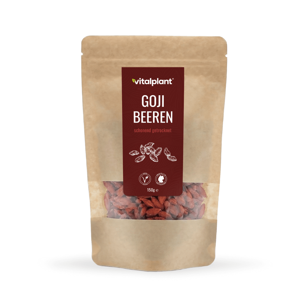 Bio Goji Beeren in einer umweltfreundlichen Verpackung von Vitalplant. 150g der natürlichen Superfrüchte.