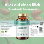 Bio Hagebutte Kapseln von Vitalplant mit Nährwertinformationen und Zutaten auf dem Etikett