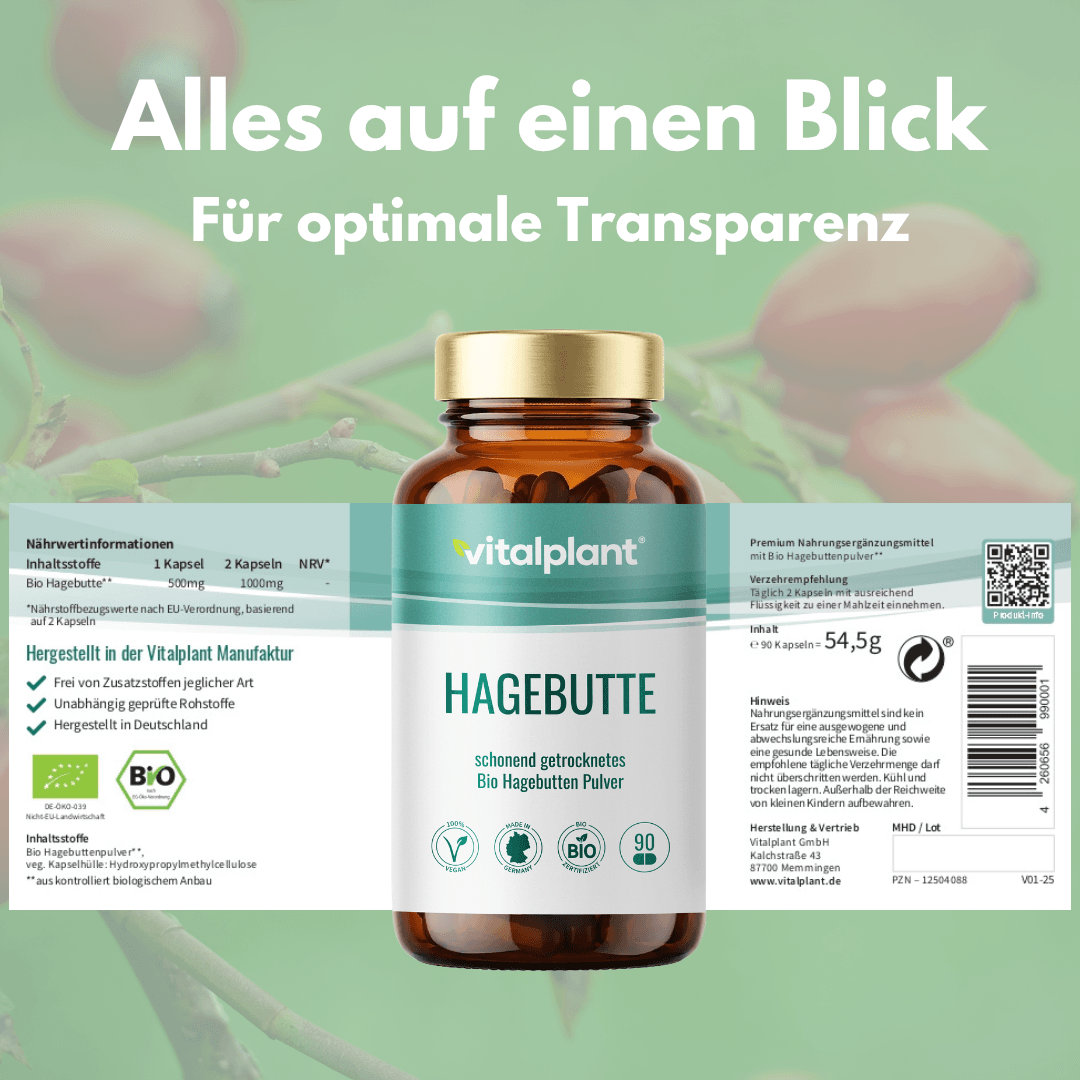 Bio Hagebutte Kapseln von Vitalplant mit Nährwertinformationen und Zutaten auf dem Etikett