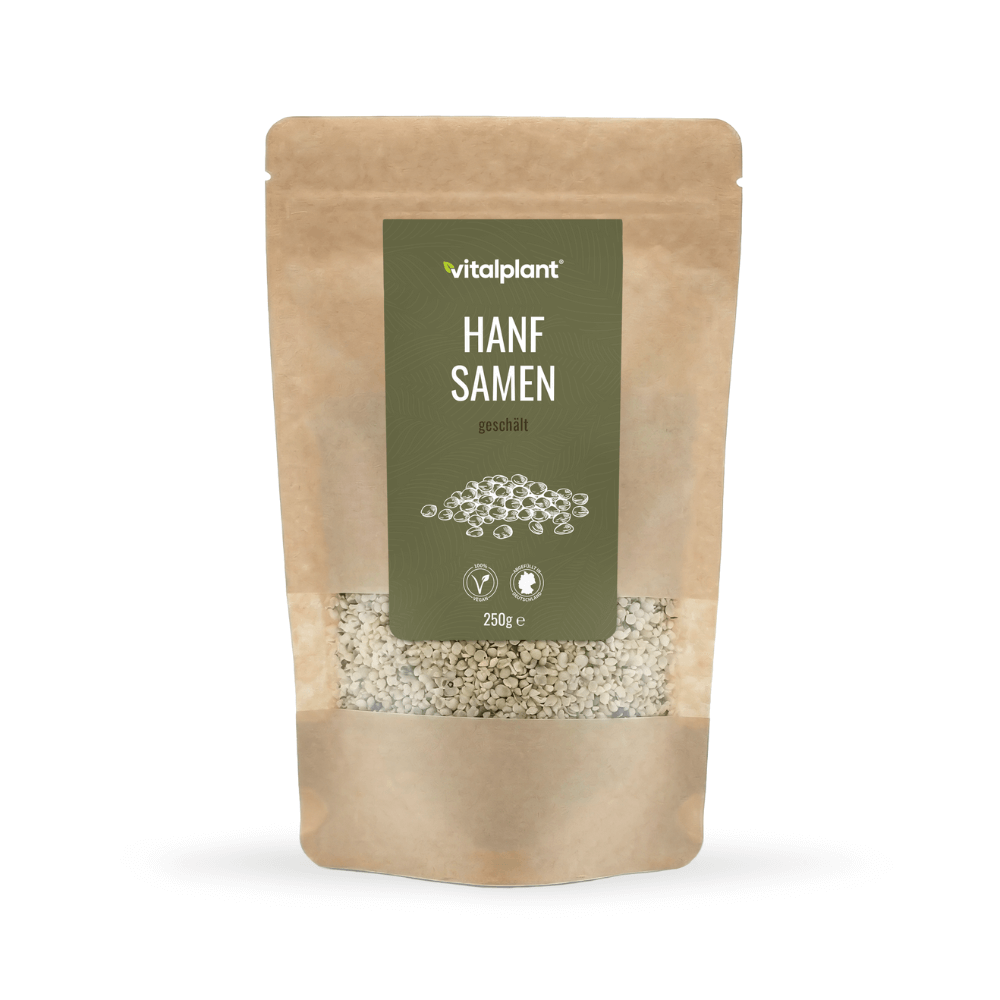 Bio Hanfsamen von Vitalplant in 250g Verpackung, nussiges Superfood, aus biologischem Anbau in Estland.