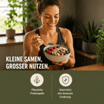 Woman with a bowl full of organic hemp seeds and fruit, enjoying healthy eating.