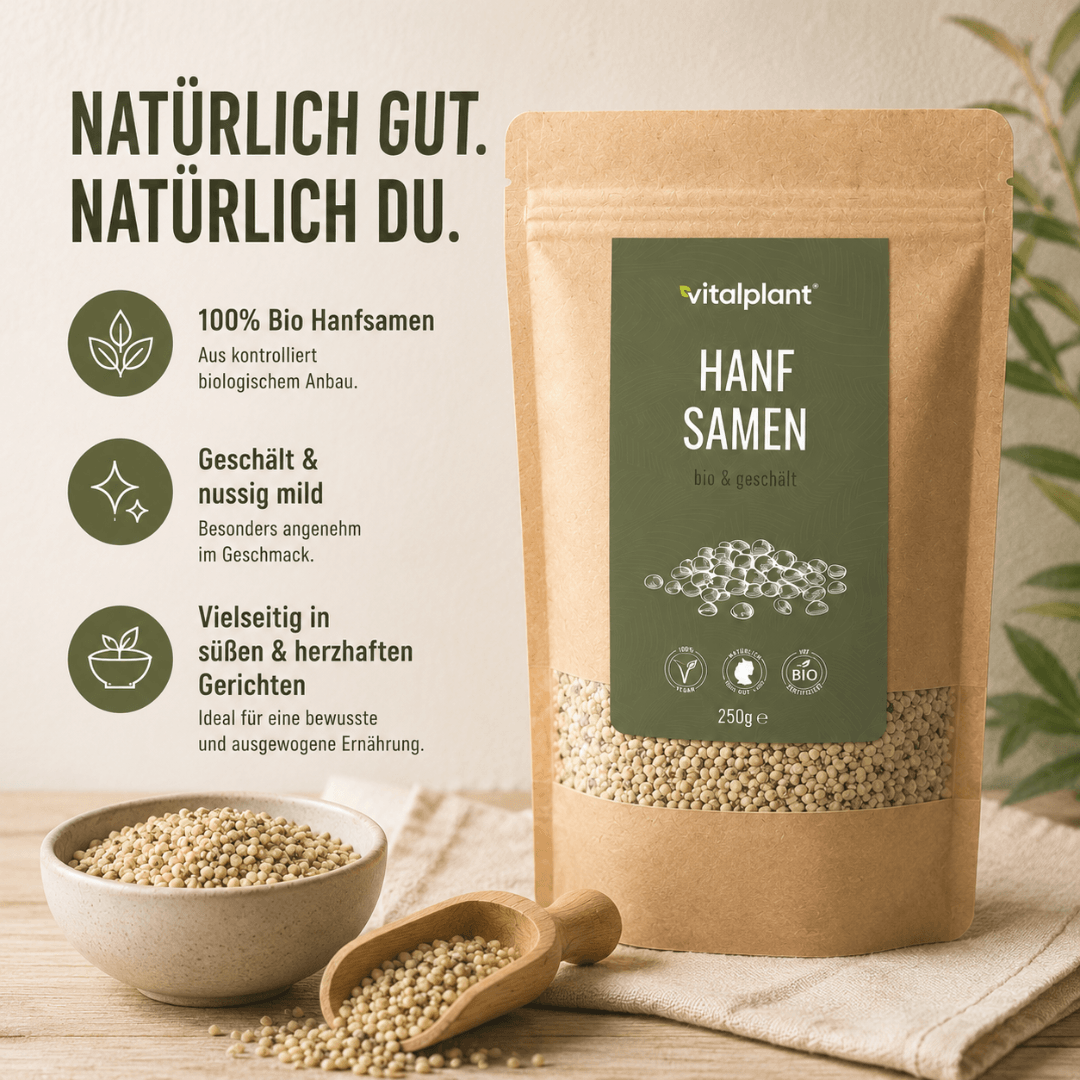 Organic hemp seeds in eco-friendly packaging, ideal for a healthy diet and versatile recipes.