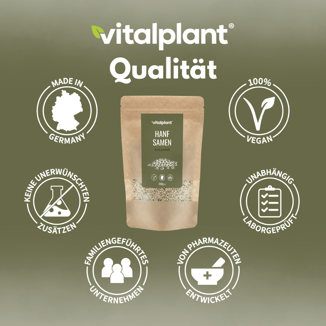 Organic hemp seeds from Vitalplant in premium quality, vegan, and free from unwanted additives.