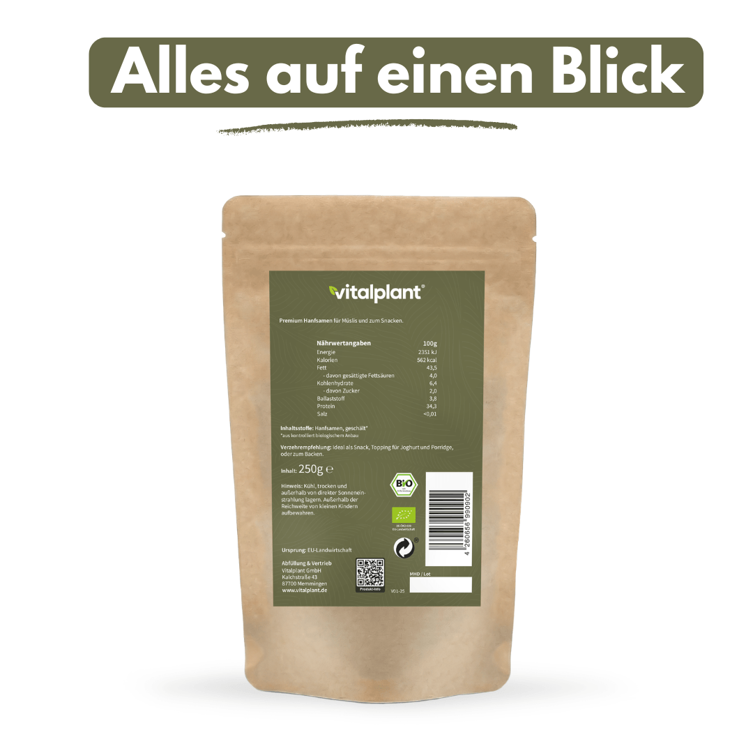 Organic hemp seeds in Vitalplant packaging – nutritional information at a glance.