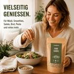 Bio hemp seeds in the kitchen, versatile for muesli, smoothies, and salads.