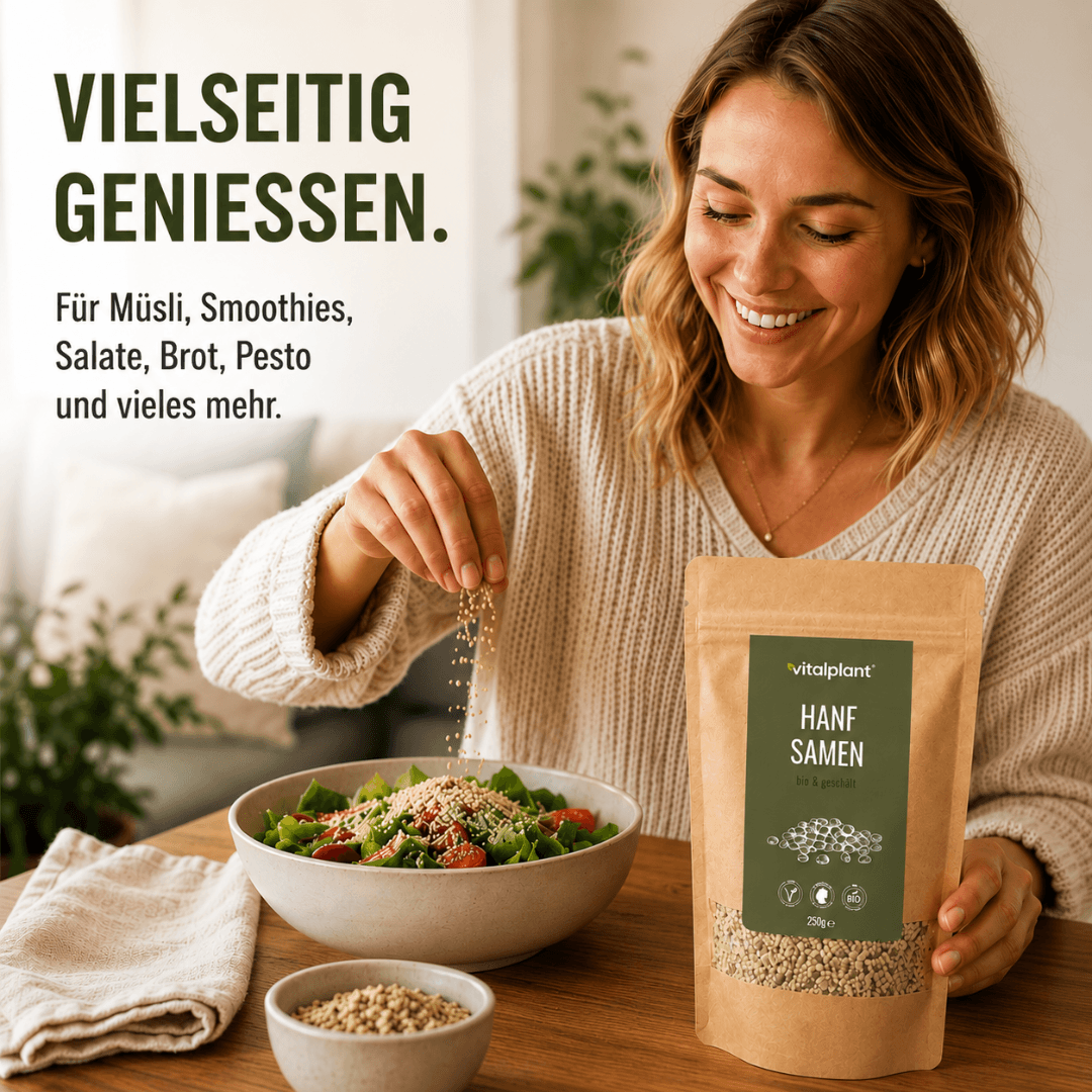 Bio hemp seeds in the kitchen, versatile for muesli, smoothies, and salads.